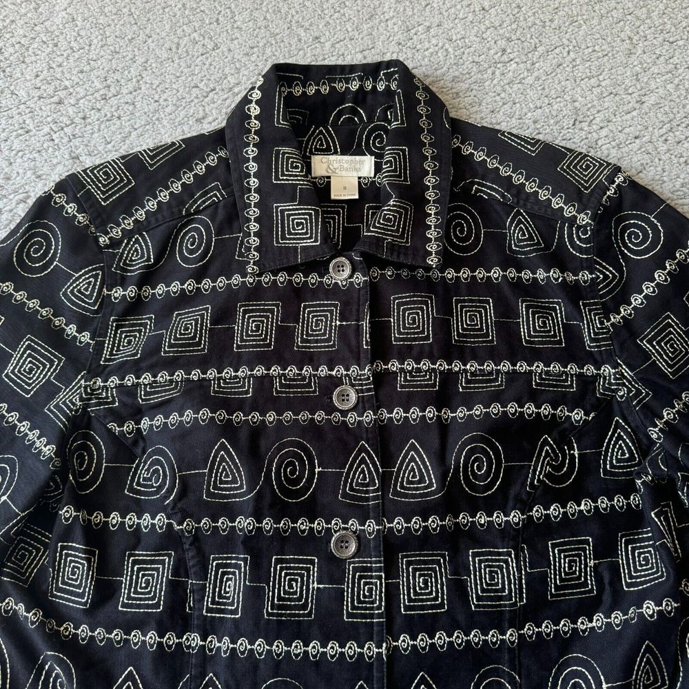 NEW Christopher & Banks Jacket Womens Small Black Embroidered Geometric Boho Y2K